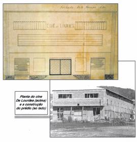 Planta e foto da construção do Cine De Lourdes