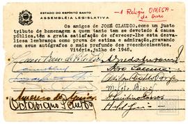 Cartão de dedicatórias da Assembleia legislativa do Espírito Santo de homenagem a José Celso Clau...