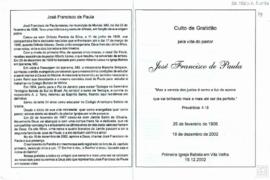 FOLHETO CULTO DE GRATIDÃO JOSÉ FRANCISCO DE PAULA
