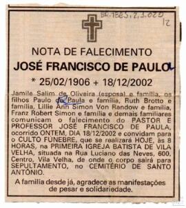 NOTA DE FALECIMENTO JOSÉ FRANCISCO DE PAULA