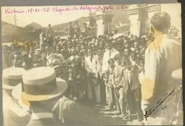 Chegada da delegação de remo à Vitória após Prova 'Estados Unidos do Brasil" realizada no Rio de Janeiro (1932) vencida pela equipe de yole a 8, no Barco "Capichaba", do Clube de Regatas Saldanha da Gama