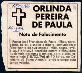 NOTA DE FALECIMENTO ORLINDA PEREIRA DE PAULA