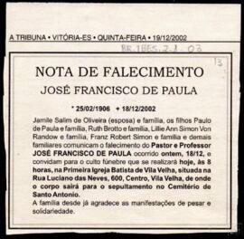 NOTA DE FALECIMENTO JOSÉ FRANCISCO DE PAULA